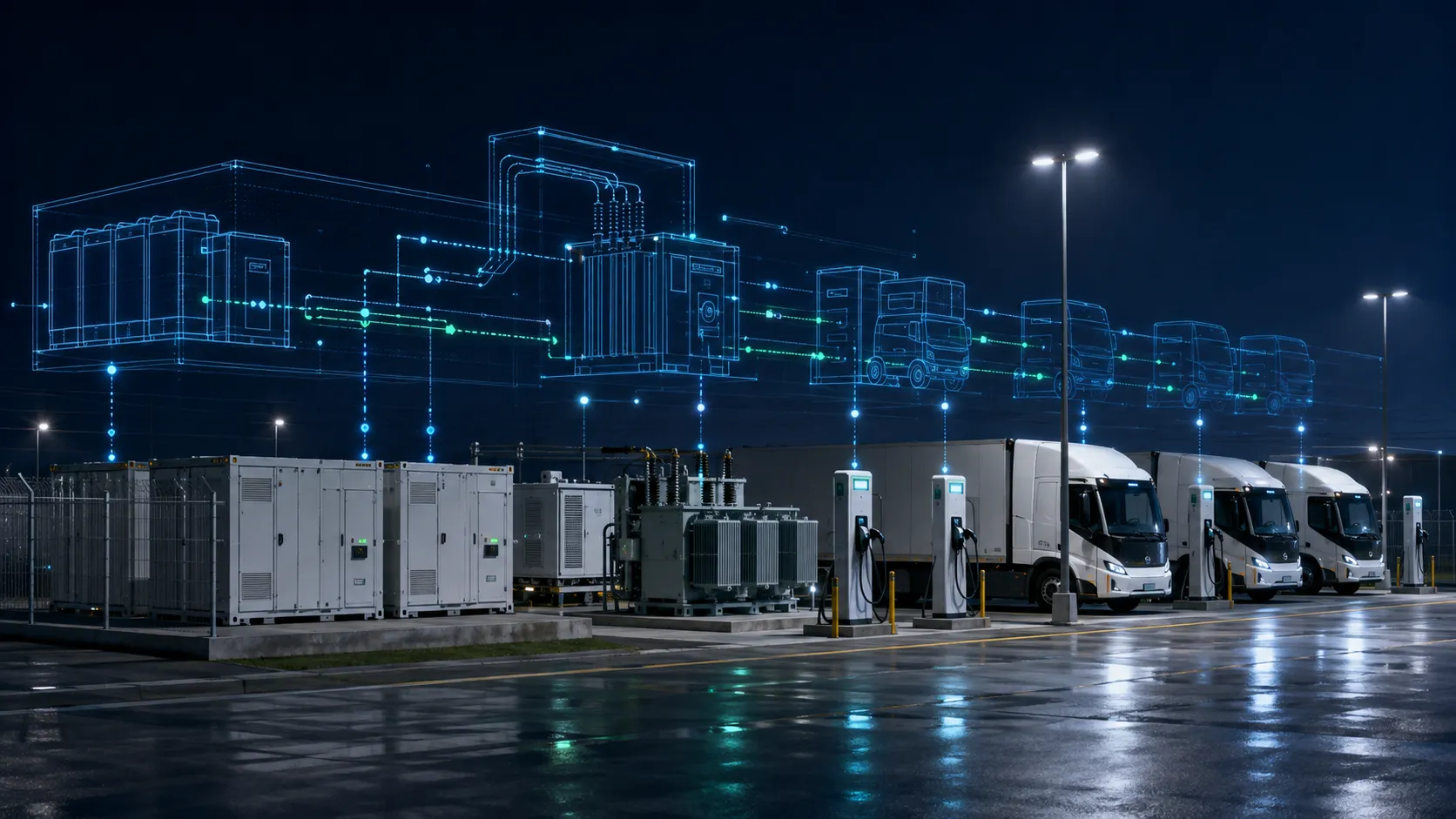 Pátio operacional da Endriva com a camada de monitoramento EndrivaOS sobreposta, conectando rede, Power Hub, carregadores e frota.